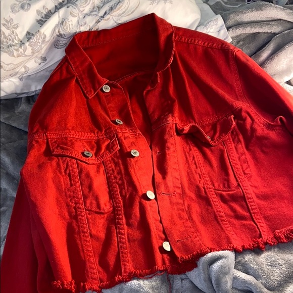Brandy Melville Jackets & Blazers - Red cropped brandy Melville jean jacket.